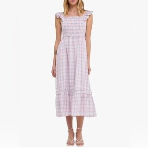 English Factory Plaid Smocked Ruffle Flounce Hem Square Neck Flutter Sleeve M